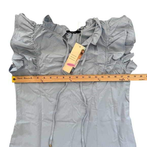 NWT Dokotoo Baby Blue Babydoll Ruffle Sleeve Drawstring V-neck Swing Dress Small - Picture 10 of 13